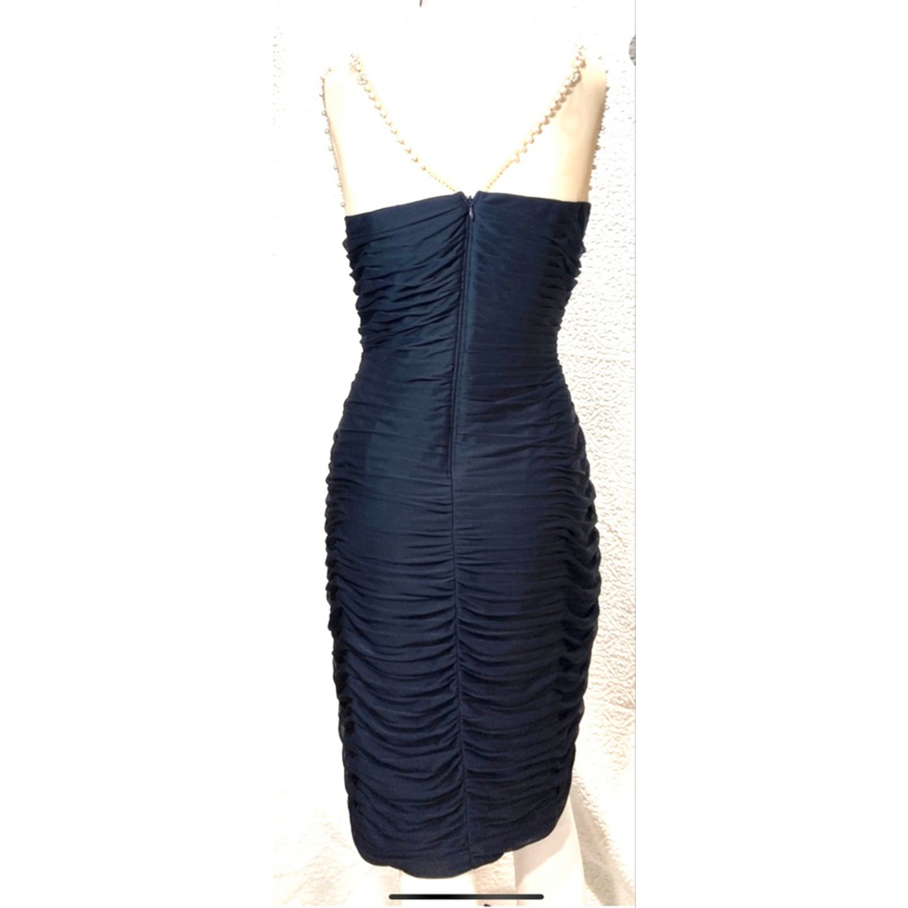 Adrianna Papell Navy Blue Beaded Illusion Neck Ruched Bodycon Cocktail Dress 16W - Picture 6 of 14